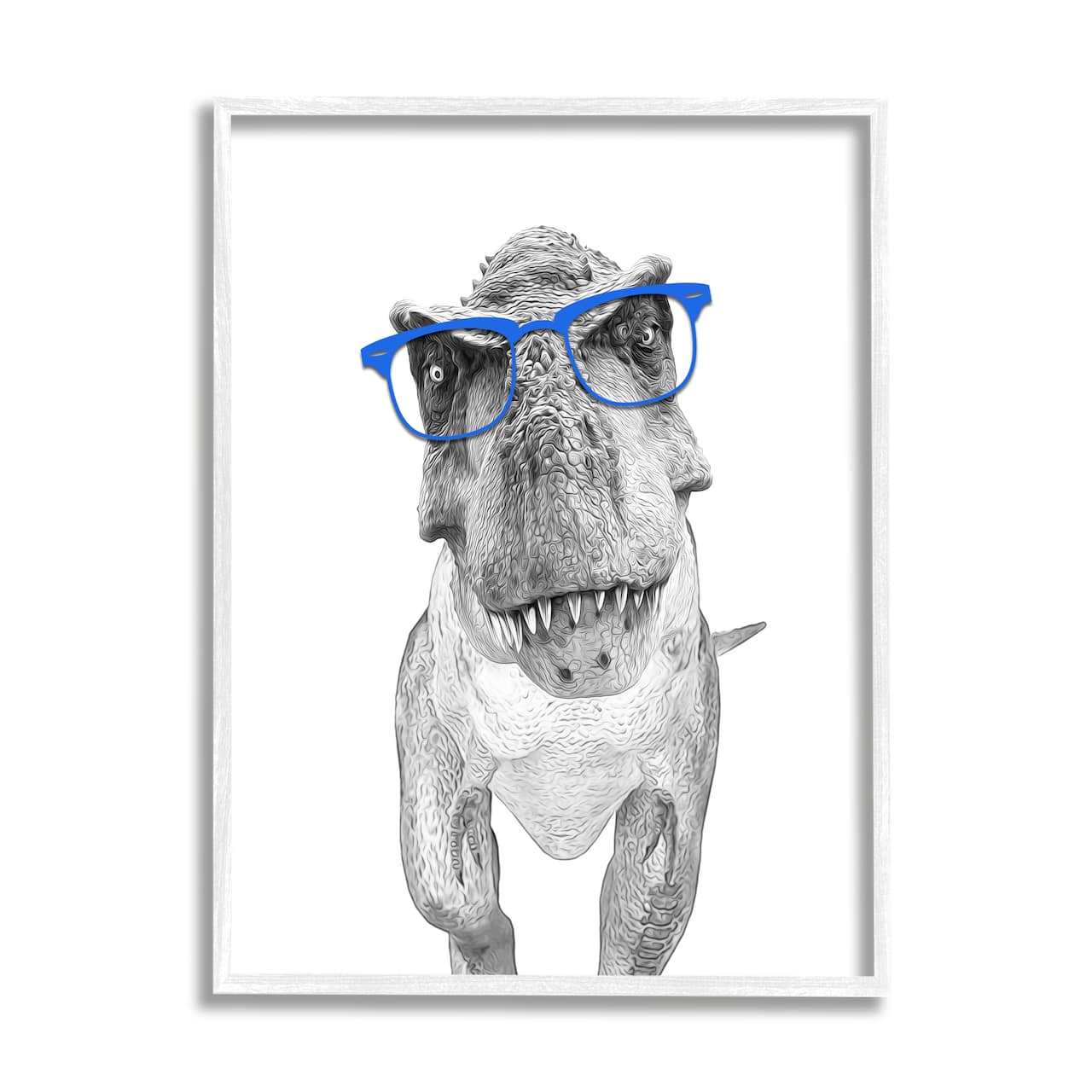 Stupell Industries Adorable T-Rex Dinosaur Blue Glasses Illustration Framed Giclee Art